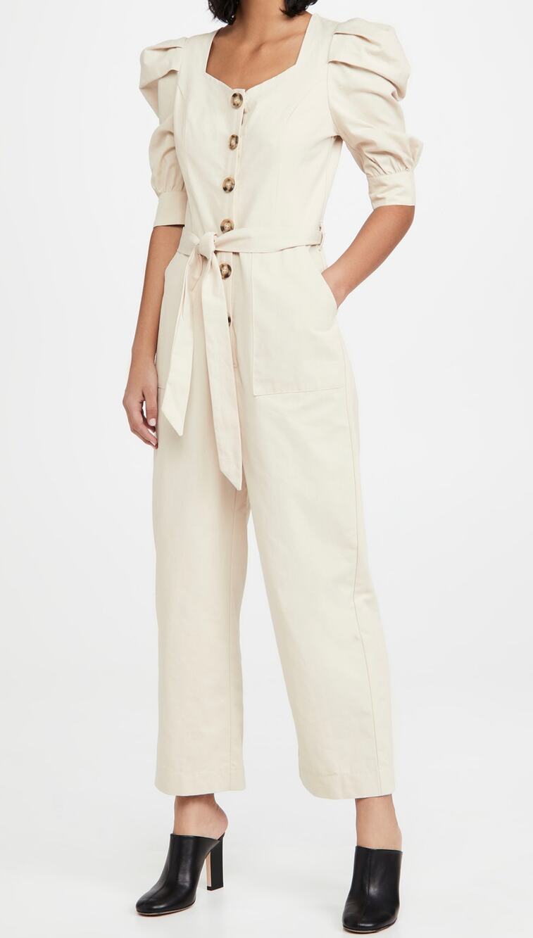 New En Saison Cotton Jumpsuit with Puff Sleeves in Natural Women's Size L
